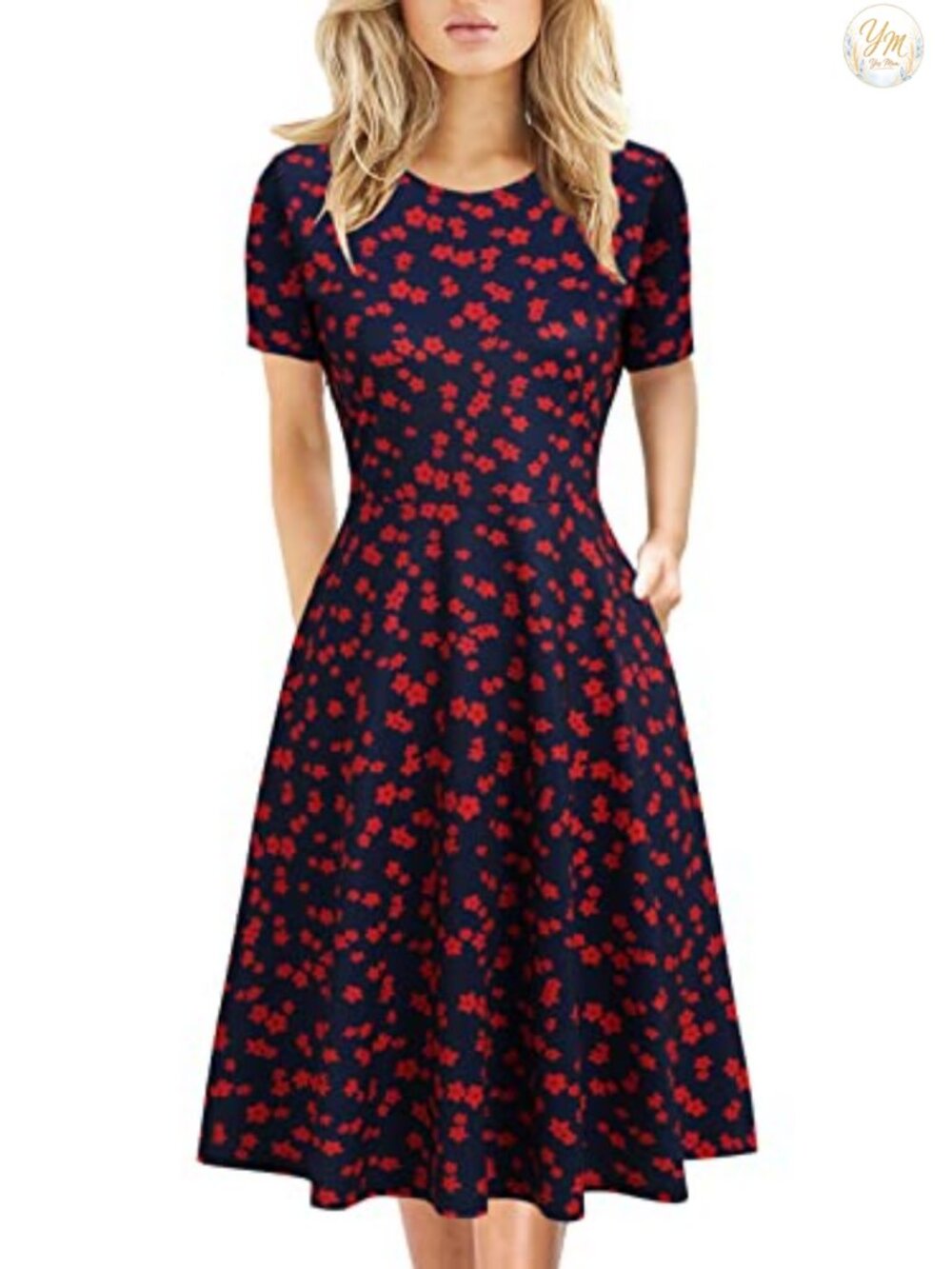 Women's Cotton Polyester Knee Length A-Line Floral Print Dress with Pockets